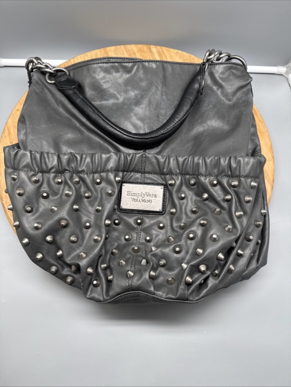 SimplyVera Vera Wang Juno Studded‎ Bucket Bag Silver Metallic Hobo Purse.